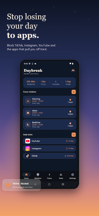 Focus windows and daily limits on the Daybreak home screen
