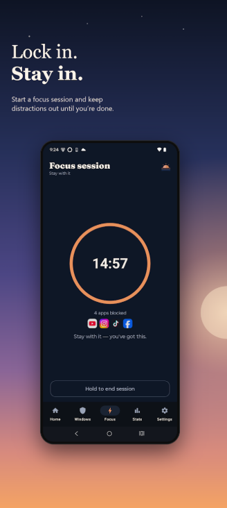 A running focus session with a countdown and blocked apps
