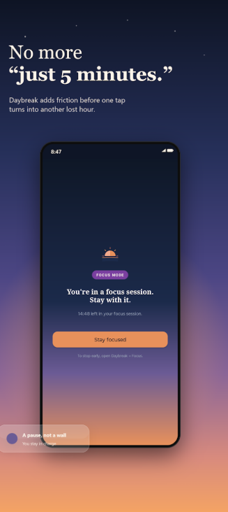 The block screen: you're in a focus session, stay with it